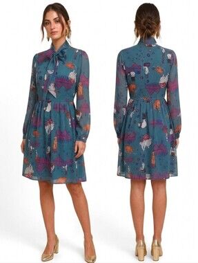 MODCLOTH Anne's Teal Circus Bow Front Chiffon Blouson Dress - Size S